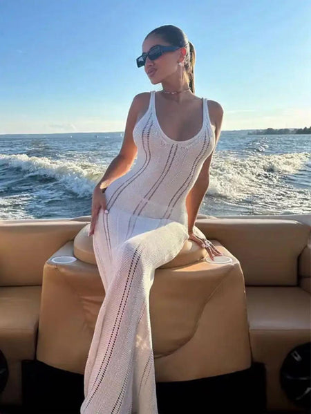 Amanda Luxe Soft Knit Dress - styling shot on model on boat, white - Miss Mosa By Akanksha