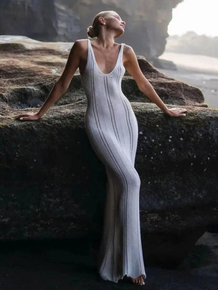 Amanda Luxe Soft Knit Dress - front shot on model outdoors, white - Miss Mosa By Akanksha