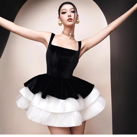 Amara Mini Flared Dress - front shot on model, black and white - Miss Mosa By Akanksha