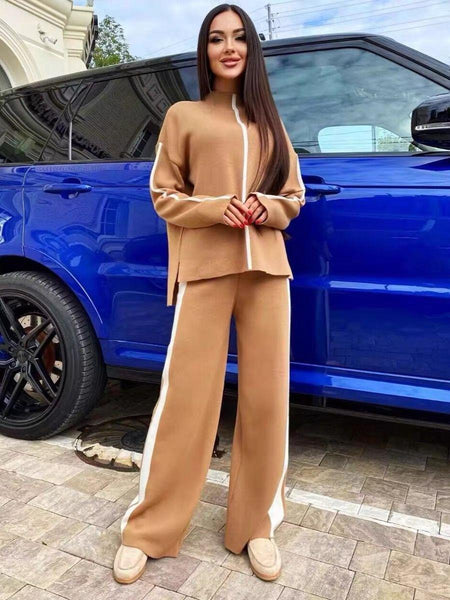 Amaya Luxury Tracksuits - full-length shot on model, camel - Miss Mosa By Akanksha