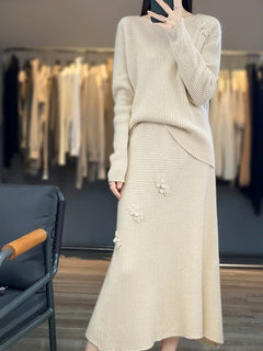 Amaya Winter Coord Set - Set of Sweater and Skirt - front shot on model, beige - Miss Mosa By Akanksha