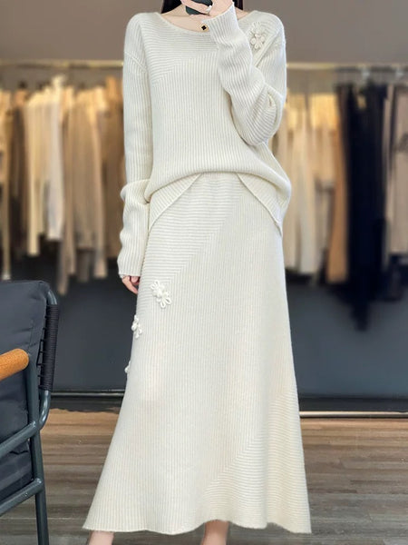 Amaya Winter Coord Set - Set of Sweater and Skirt - full-length front shot on model, cream - Miss Mosa By Akanksha