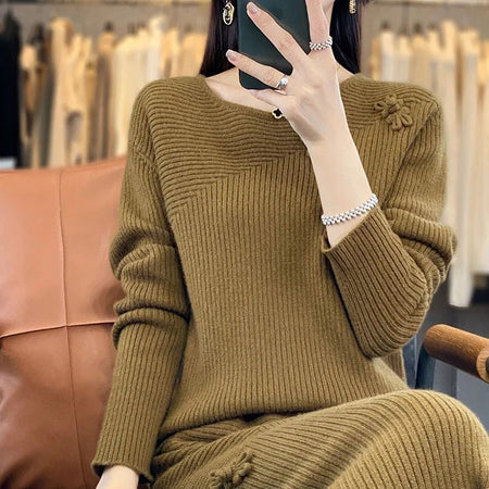 Amaya Winter Coord Set - Set of Sweater and Skirt - front shot on model, olive - Miss Mosa By Akanksha