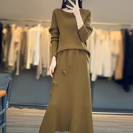 Amaya Winter Coord Set - Set of Sweater and Skirt - front shot on model, olive - Miss Mosa By Akanksha