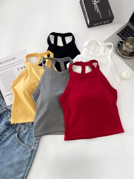 Ambre Halterneck Crop Padded Top - flat-lay shot, yellow, grey, black, white and red - Miss Mosa By Akanksha