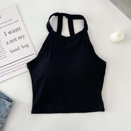 Ambre Halterneck Crop Padded Top - flat-lay shot, black - Miss Mosa By Akanksha
