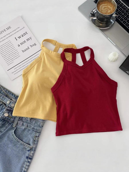 Ambre Halterneck Crop Padded Top - flat-lay shot, yellow and red - Miss Mosa By Akanksha