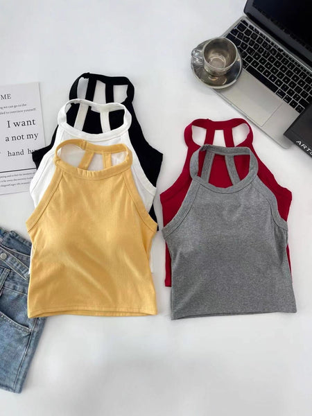 Ambre Halterneck Crop Padded Top - flat-lay shot, black, white, yellow, red and grey - Miss Mosa By Akanksha