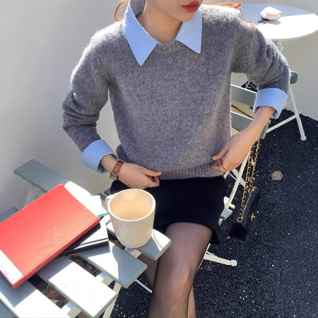 Ambre Statement Shirt With Attached Sweater In Grey - seated front shot - Miss Mosa By Akanksha