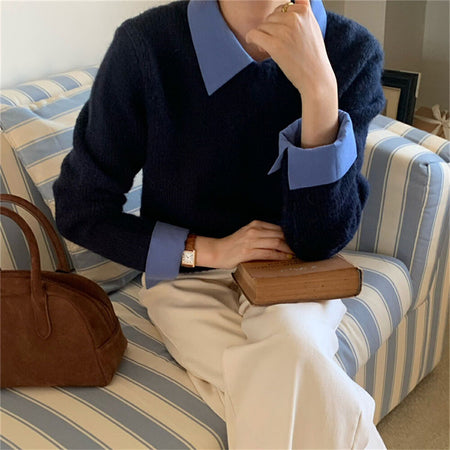 Ambre Statement Shirt With Attached Sweater In Navy Blue - front shot on model - Miss Mosa By Akanksha