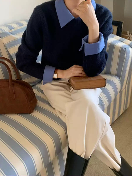 Ambre Statement Shirt With Attached Sweater In Navy Blue - front shot on model - Miss Mosa By Akanksha