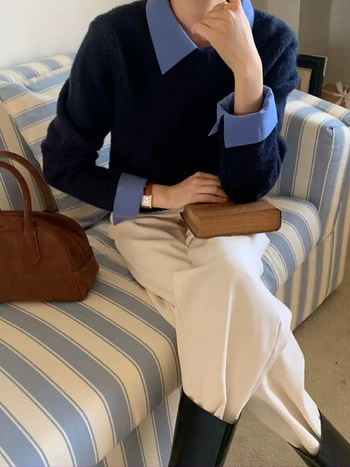 Ambre Statement Shirt With Attached Sweater In Navy Blue