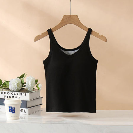 Ame Tank Tops with Inbuilt Bra In Black - front flat-lay product shot on hanger - Miss Mosa By Akanksha