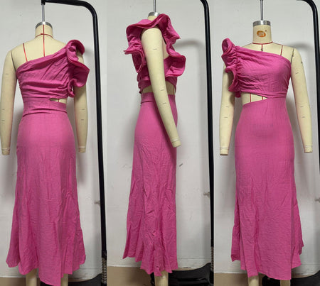 Amee Statement Oneshoulder Dress In Pink - front shot on model standing - Miss Mosa By Akanksha