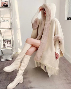 Amelia Fleece Winter Capes With Fur Cap - full-length shot on model, cream - Miss Mosa By Akanksha