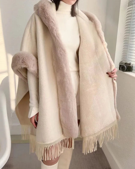 Amelia Fleece Winter Capes With Fur Cap - front shot on model, cream - Miss Mosa By Akanksha