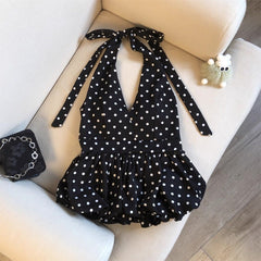 Amelia Halterneck Polka Top - flat-lay shot, black with white polka dots - Miss Mosa By Akanksha