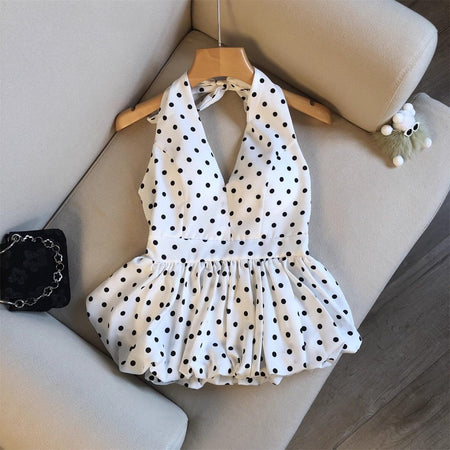 Amelia Halterneck Polka Top - flat-lay shot, white with black polka dots - Miss Mosa By Akanksha