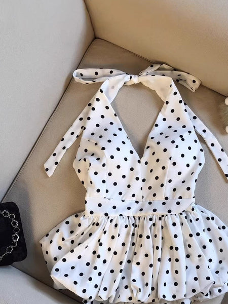 Amelia Halterneck Polka Top - flat-lay detail shot, white with black polka dots - Miss Mosa By Akanksha