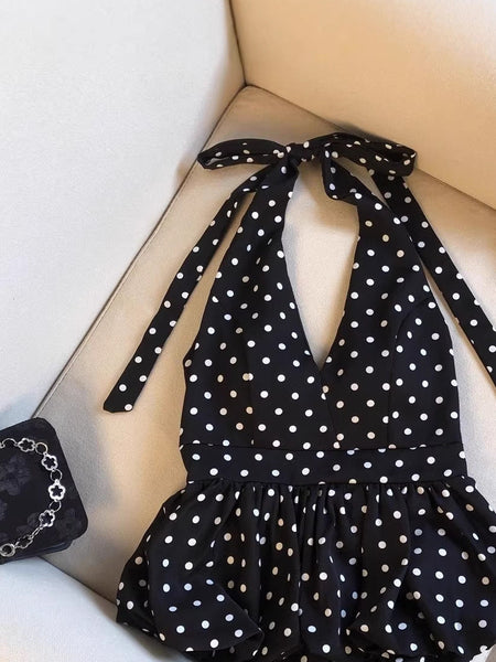 Amelia Halterneck Polka Top - flat-lay detail shot, black with white polka dots - Miss Mosa By Akanksha