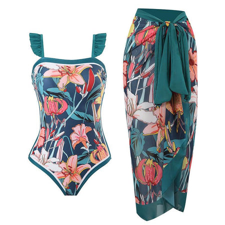 Amelie Swimsuit With Sarong In Teal Blue - flat-lay product shot of swimsuit and sarong - Miss Mosa By Akanksha