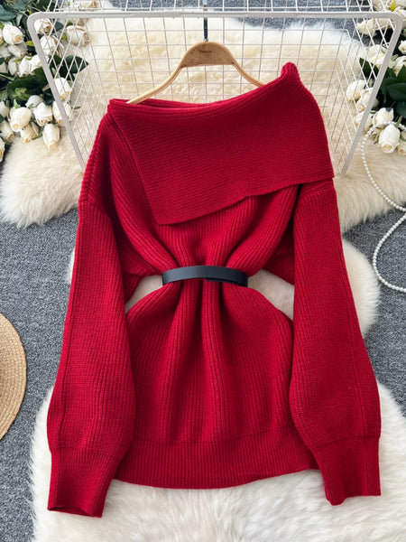Amira Woolen Sweater with Belt - off-shoulder front shot on hanger with belt, red - Miss Mosa By Akanksha
