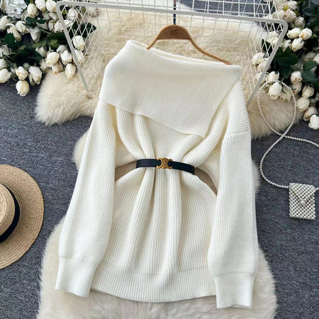 Amira Woolen Sweater with Belt - off-shoulder front shot on hanger with belt, white - Miss Mosa By Akanksha