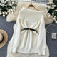 Amira Woolen Sweater with Belt - off-shoulder front shot on hanger with belt, white - Miss Mosa By Akanksha