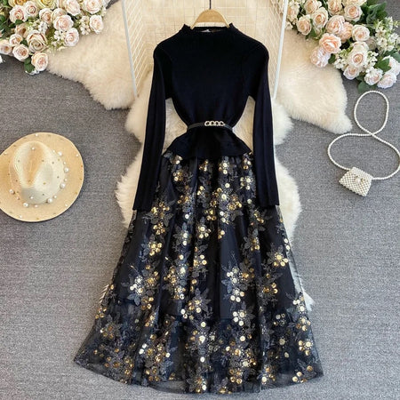 Amistha Pleated Woolen Dress - flat-lay shot of dress on hanger, black and gold - Miss Mosa By Akanksha