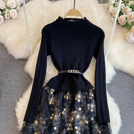 Amistha Pleated Woolen Dress - close-up of bodice on hanger, black - Miss Mosa By Akanksha