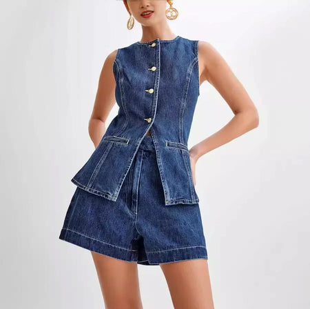 Amreah Statement Denim Coord In Navy Blue - front shot on model - Miss Mosa By Akanksha