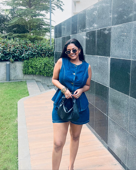 Amreah Statement Denim Coord In Navy Blue - full-length front shot on model - Miss Mosa By Akanksha