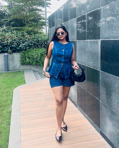 Amreah Statement Denim Coord In Navy Blue - full-length front shot on model - Miss Mosa By Akanksha