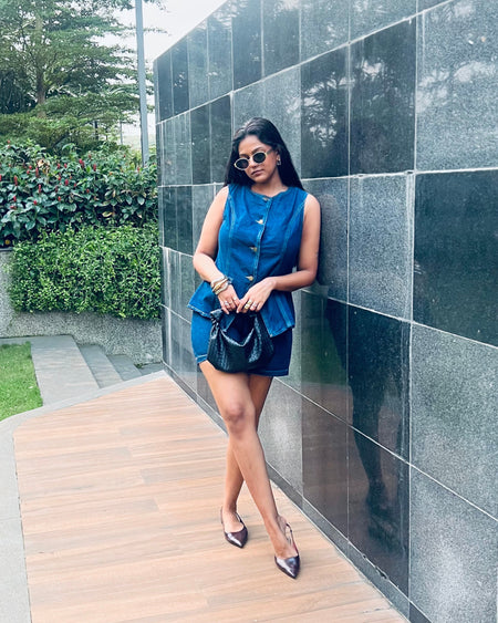 Amreah Statement Denim Coord In Navy Blue - full-length side shot on model - Miss Mosa By Akanksha