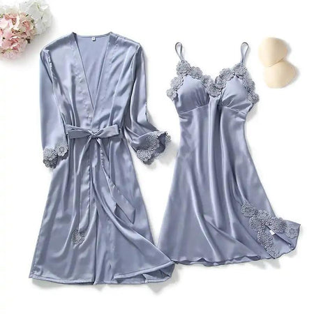Amy Loungewear Set In Grey - flat-lay product shot of robe and slip nightdress - Miss Mosa By Akanksha