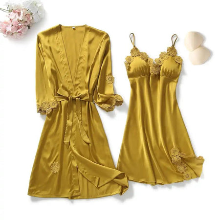 Amy Loungewear Set In Mustard - flat-lay product shot of robe and slip nightdress - Miss Mosa By Akanksha