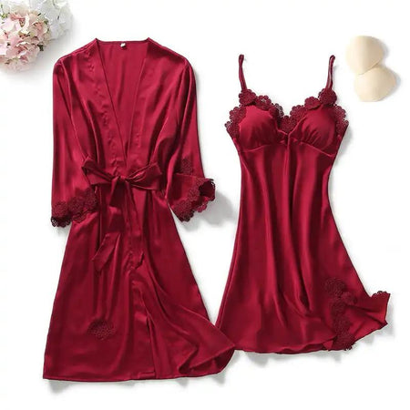 Amy Loungewear Set In Red - flat-lay product shot of robe and slip nightdress - Miss Mosa By Akanksha