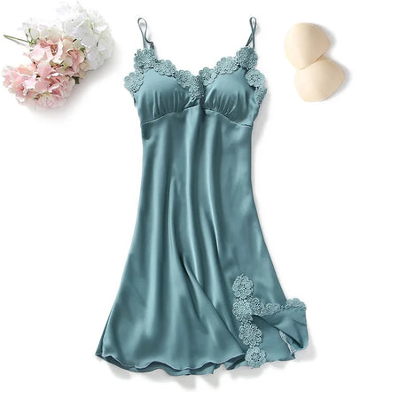 Amy Loungewear Set In Teal Blue - flat-lay product shot of slip dress with bra pads - Miss Mosa By Akanksha