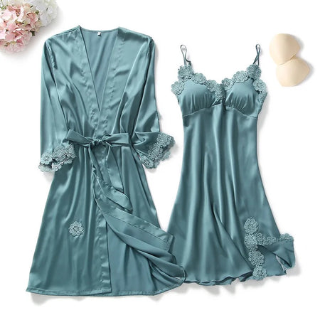 Amy Loungewear Set In Teal Blue - flat-lay product shot of robe and slip dress with bra pads - Miss Mosa By Akanksha