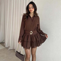 Anae Mini Dress With Belt - front shot, brown - Miss Mosa By Akanksha