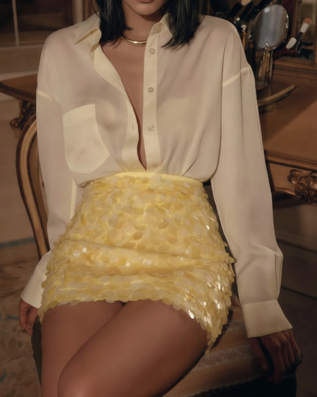 Anais Sequin Mini Skirt - seated shot, yellow - Miss Mosa By Akanksha