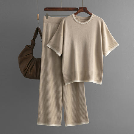Anais Soft Knitted Coord Set - flat-lay shot, beige - Miss Mosa By Akanksha