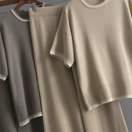 Anais Soft Knitted Coord Set - flat-lay detail shot, grey and beige - Miss Mosa By Akanksha