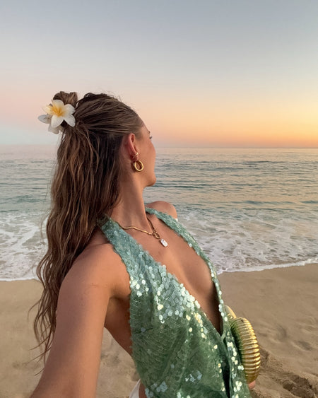 Anaya Sequin Cowl Backless Top - over-the-shoulder shot on model, sage green - Miss Mosa By Akanksha