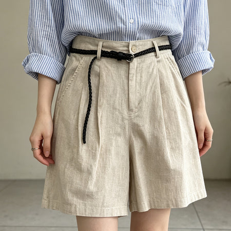 Andie Statement Shorts With Belt - front shot, beige linen - Miss Mosa By Akanksha