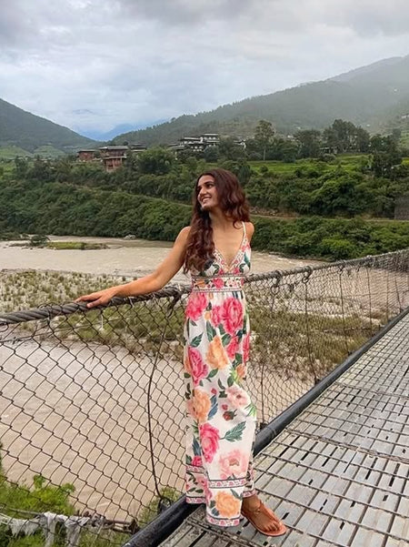 Anemone Floral Summer Holiday Dress In Multicolour - side shot on model outdoors - Miss Mosa By Akanksha