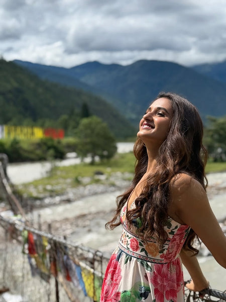 Anemone Floral Summer Holiday Dress In Multicolour - side shot on model outdoors - Miss Mosa By Akanksha