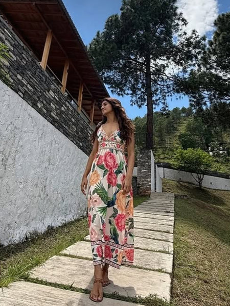 Anemone Floral Summer Holiday Dress In Multicolour - full-length shot on model outdoors - Miss Mosa By Akanksha