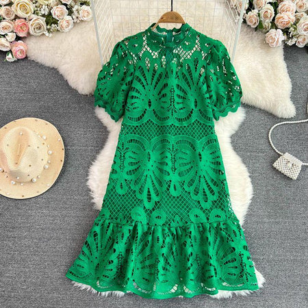 Anfisa Crochet Dress - full-length flat lay on hanger, green - Miss Mosa By Akanksha