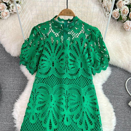Anfisa Crochet Dress - bodice close-up on hanger, green - Miss Mosa By Akanksha